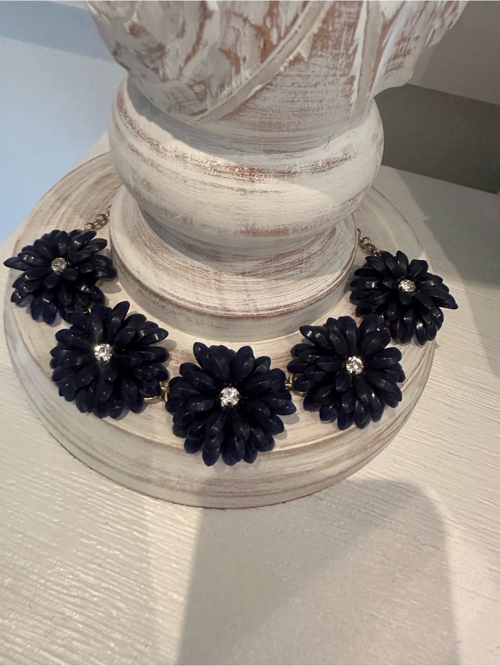 J Crew Floral Statement Necklace in Dark Navy with Crystal Centers